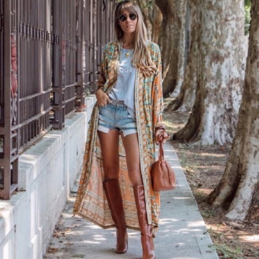 boho gypsy floral Print Kimono cardigan - mustard - Picture 5 of 9